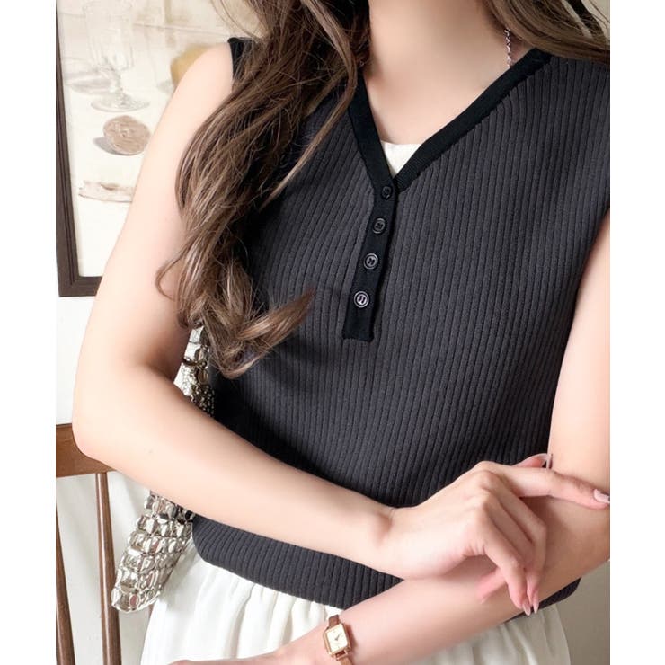 チャコール | 着回し力抜群！ストレッチが効いた前後2Way配色ニットリブタンク | Classical Elf 