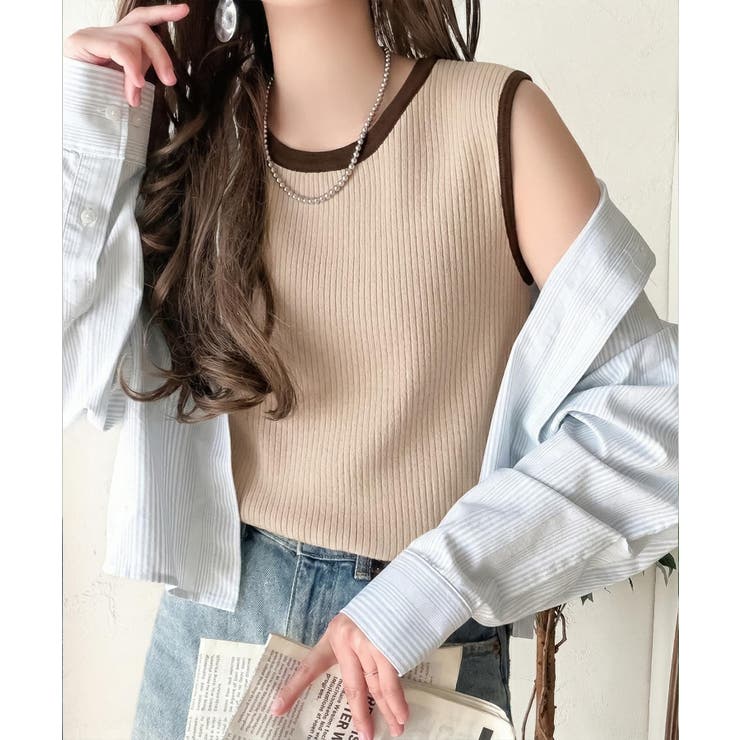 ベージュ | 着回し力抜群！ストレッチが効いた前後2Way配色ニットリブタンク | Classical Elf 