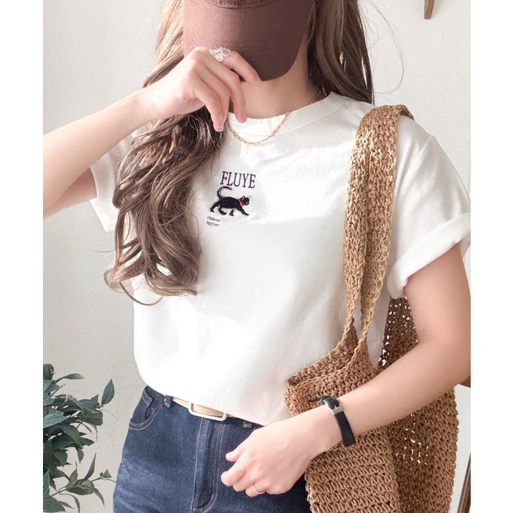 オフホワイト×Aネコ | 可愛いだけとは言わせない！刺繍コンパクトフライスTシャツアニマルシリーズ（半袖） | Classical Elf 