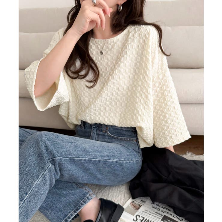 アイボリー | 凹凸がコーデを上品に彩る♪前後差フクレジャガードドロストプルオーバー (半袖) | Classical Elf 