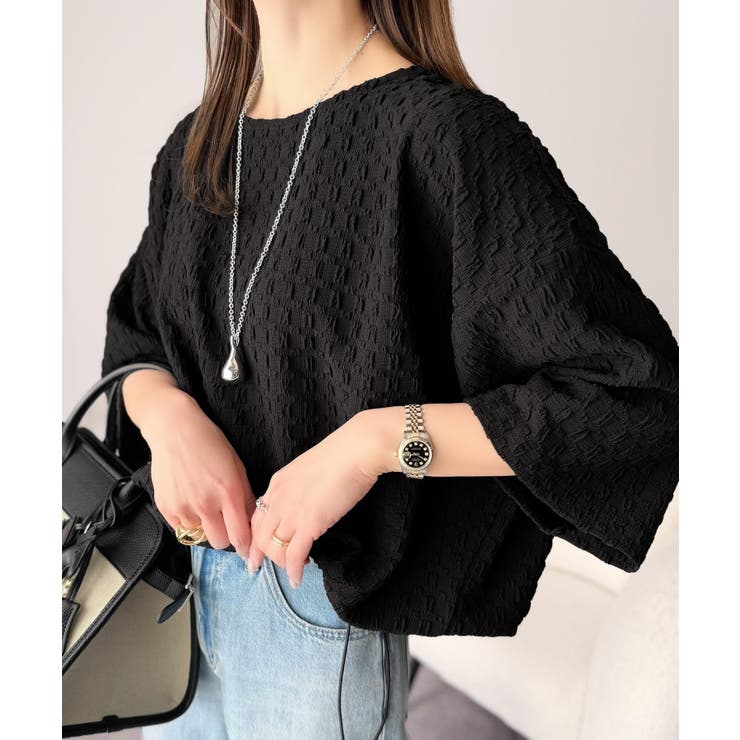 ブラック | 凹凸がコーデを上品に彩る♪前後差フクレジャガードドロストプルオーバー (半袖) | Classical Elf 