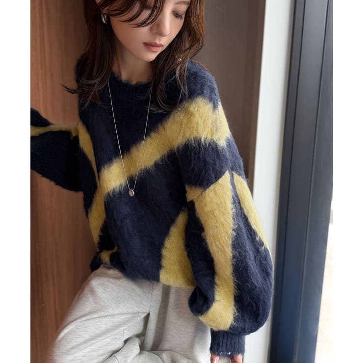 ネイビー×イエロー | 今日はどの色？ふわふわ配色に一目惚れ♡配色ニュアンス柄 起毛ニット オーバーサイ… | Classical Elf 