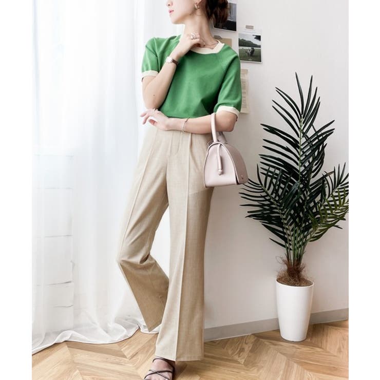 涼しく美脚。リネンライクなセンタープレスセミフレアパンツ