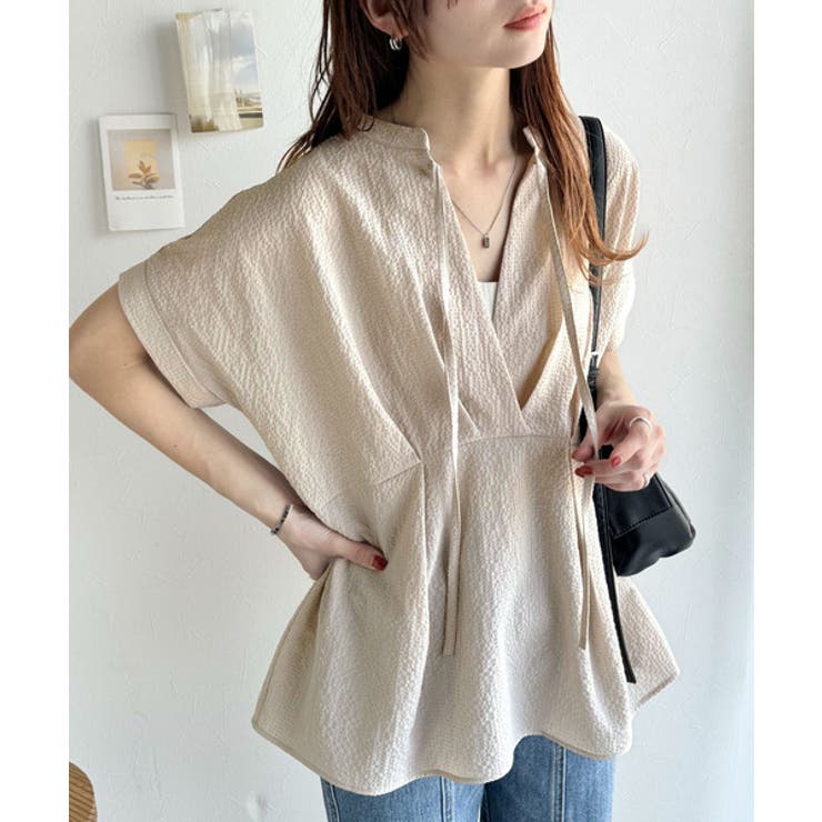 大人の上品さをプラス。前後2wayカシュクールサッカー素材半袖ブラウス | Classical Elf  | 詳細画像13 