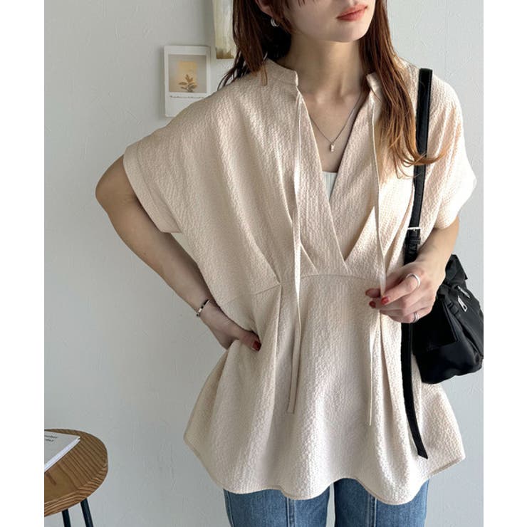 大人の上品さをプラス。前後2wayカシュクールサッカー素材半袖ブラウス | Classical Elf  | 詳細画像15 