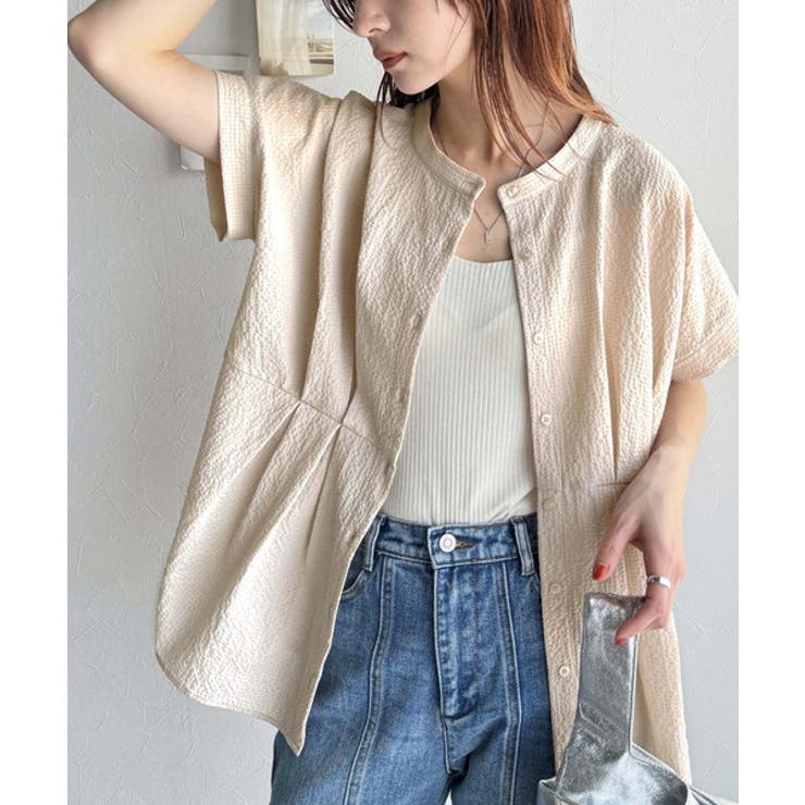 大人の上品さをプラス。前後2wayカシュクールサッカー素材半袖ブラウス