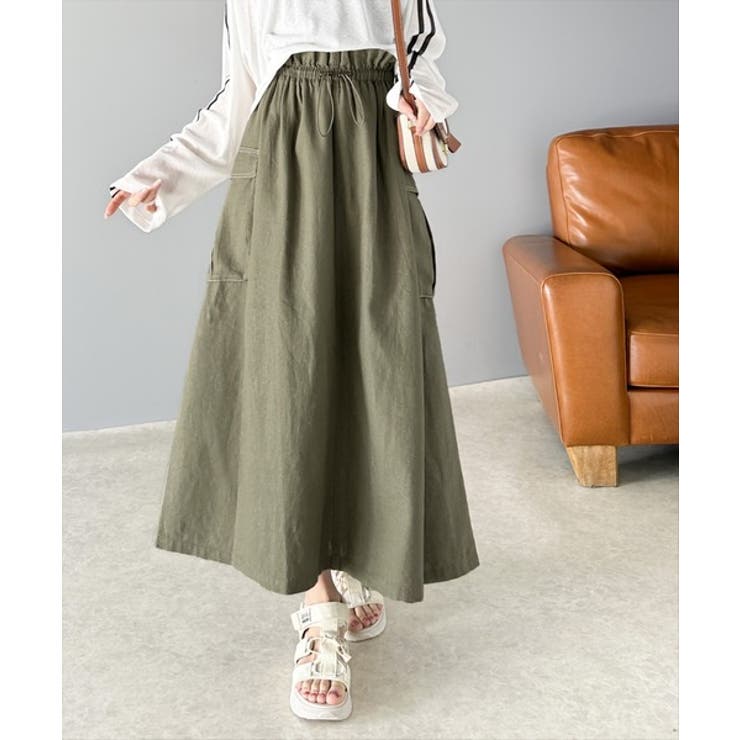 ふんわりカジュアル。麻混ウエストドロスト配色ステッチロングスカート | Classical Elf  | 詳細画像7 