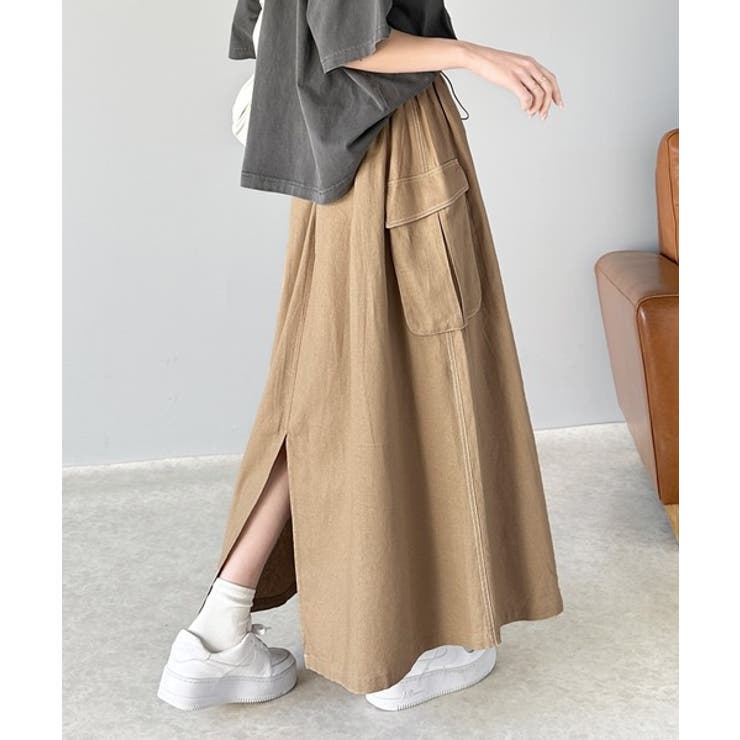 ベージュ | ふんわりカジュアル。麻混ウエストドロスト配色ステッチロングスカート | Classical Elf 