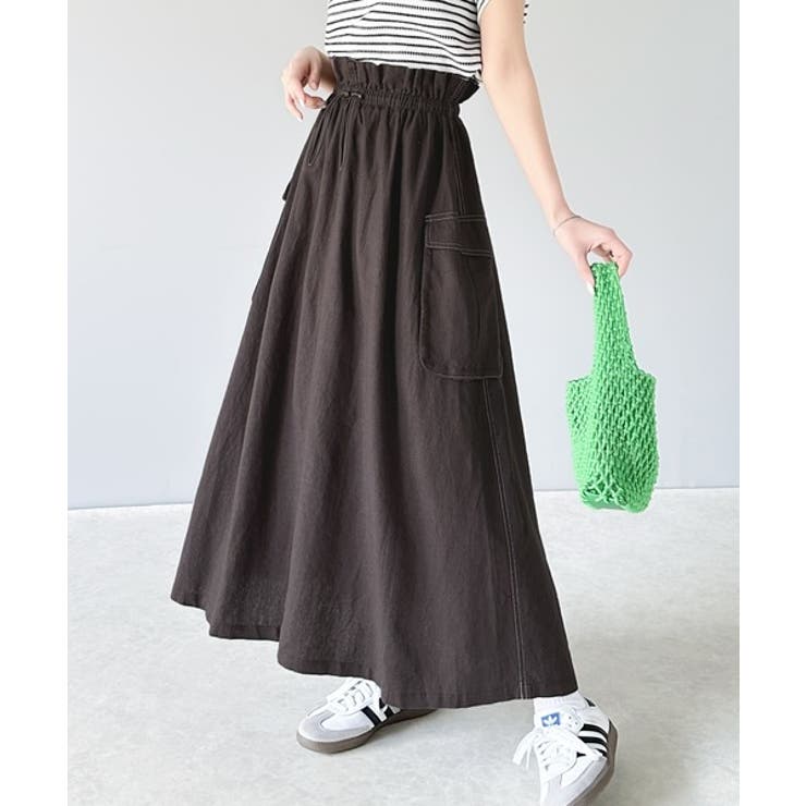 ふんわりカジュアル。麻混ウエストドロスト配色ステッチロングスカート | Classical Elf  | 詳細画像1 
