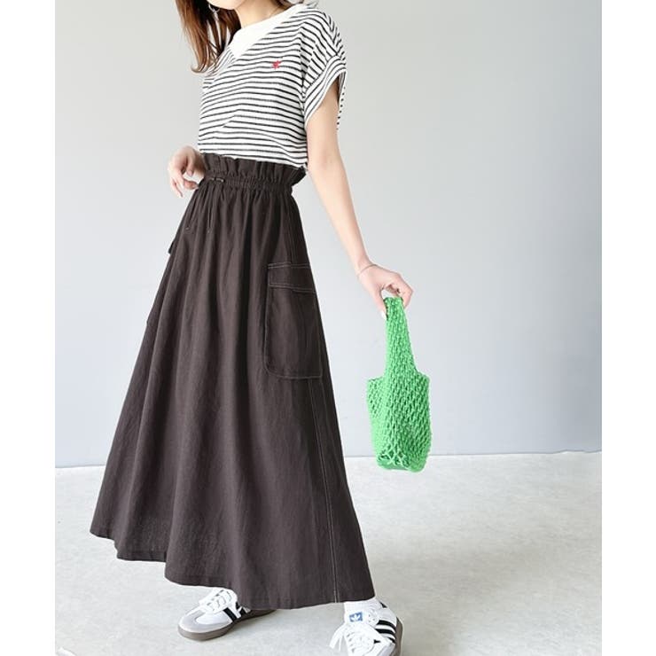 ふんわりカジュアル。麻混ウエストドロスト配色ステッチロングスカート | Classical Elf  | 詳細画像2 