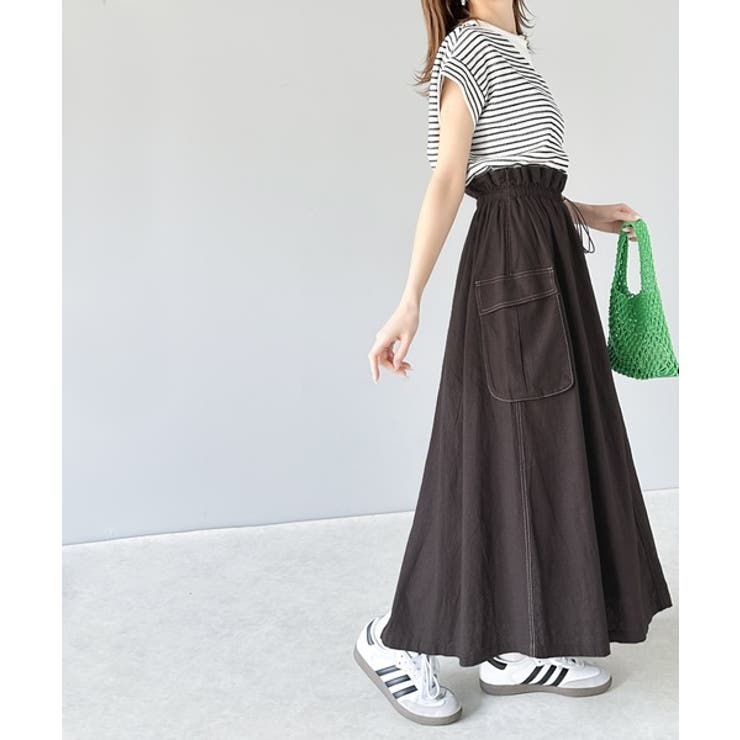 ふんわりカジュアル。麻混ウエストドロスト配色ステッチロングスカート | Classical Elf  | 詳細画像3 