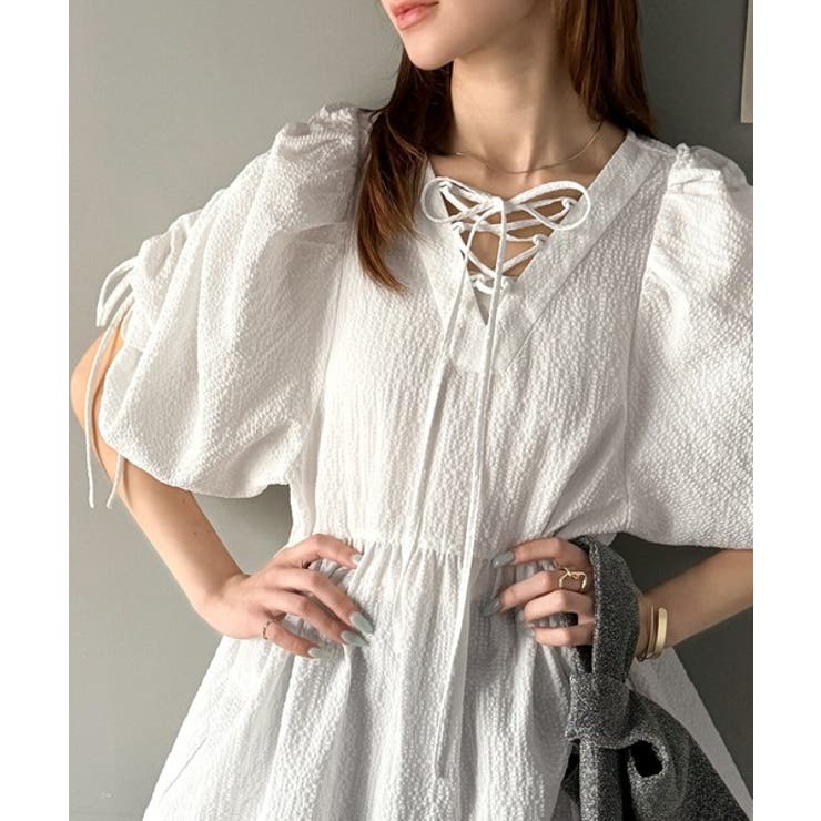 軽やかで上品。シアサッカー前後2WAYギャザーパフスリーブチュニックブラウス | Classical Elf  | 詳細画像7 