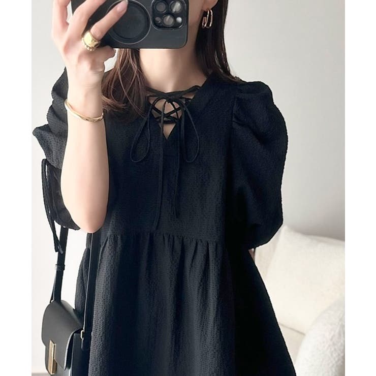 軽やかで上品。シアサッカー前後2WAYギャザーパフスリーブチュニックブラウス | Classical Elf  | 詳細画像14 