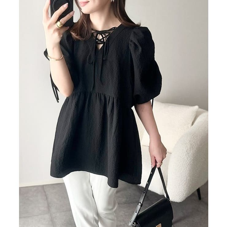 軽やかで上品。シアサッカー前後2WAYギャザーパフスリーブチュニックブラウス | Classical Elf  | 詳細画像16 