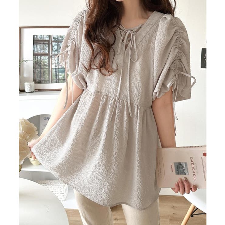 軽やかで上品。シアサッカー前後2WAYギャザーパフスリーブチュニックブラウス | Classical Elf  | 詳細画像30 