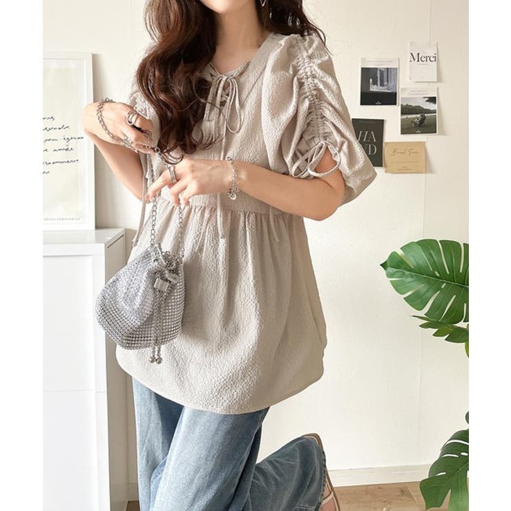 軽やかで上品。シアサッカー前後2WAYギャザーパフスリーブチュニックブラウス | Classical Elf  | 詳細画像31 