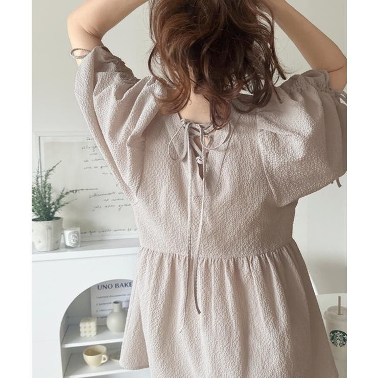 軽やかで上品。シアサッカー前後2WAYギャザーパフスリーブチュニックブラウス | Classical Elf  | 詳細画像34 