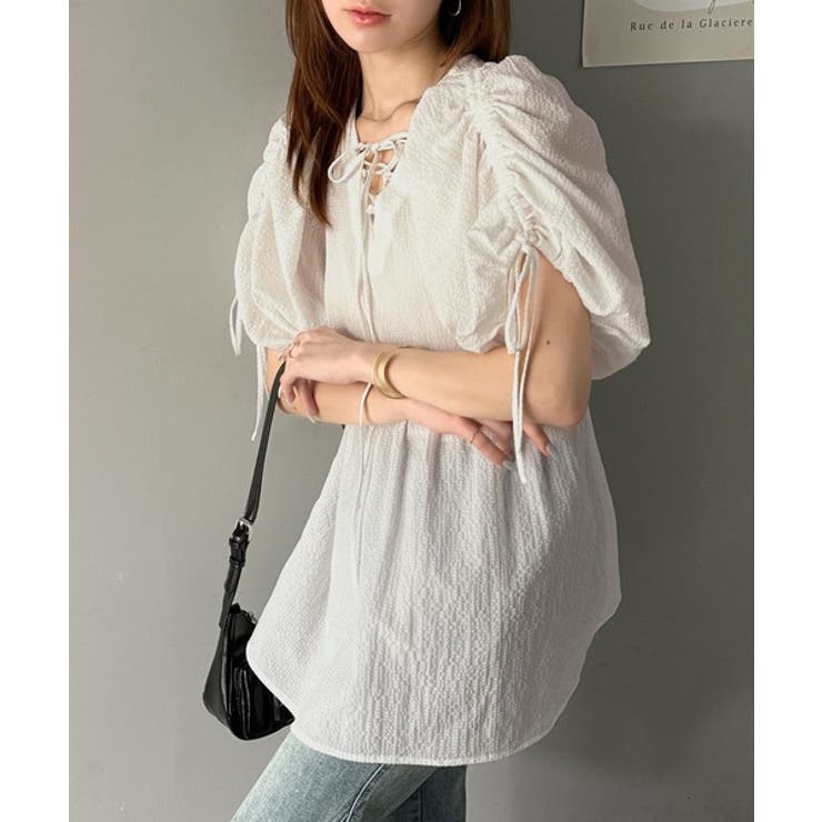 軽やかで上品。シアサッカー前後2WAYギャザーパフスリーブチュニックブラウス | Classical Elf  | 詳細画像3 