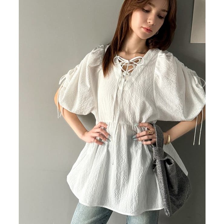 軽やかで上品。シアサッカー前後2WAYギャザーパフスリーブチュニックブラウス | Classical Elf  | 詳細画像5 