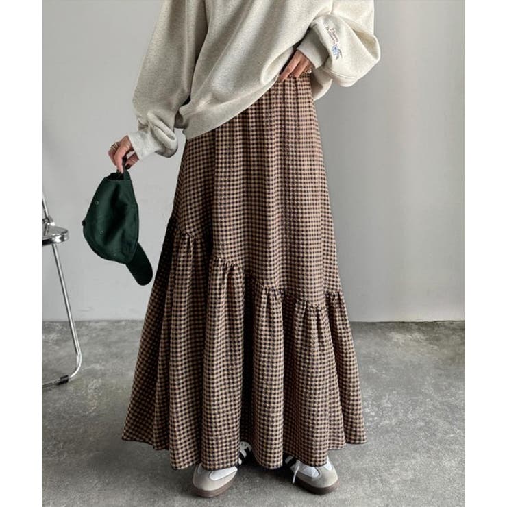 ブラウンチェック | レトロなムードが大人可愛い。シアーサッカーアシンメトリーティアードスカート(ロン… | Classical Elf