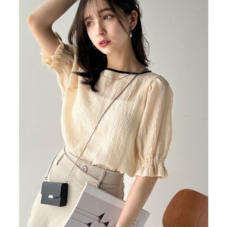 アイボリー | 涼しげ＆透明感◎配色パイピング バルーンフリルスリーブ楊柳ブラウス | Classical Elf 