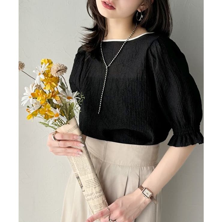 涼しげ＆透明感◎配色パイピング バルーンフリルスリーブ楊柳ブラウス | Classical Elf  | 詳細画像12 