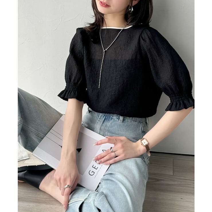 涼しげ＆透明感◎配色パイピング バルーンフリルスリーブ楊柳ブラウス | Classical Elf  | 詳細画像14 