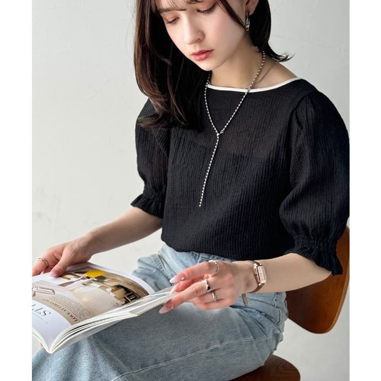 涼しげ＆透明感◎配色パイピング バルーンフリルスリーブ楊柳ブラウス | Classical Elf  | 詳細画像15 