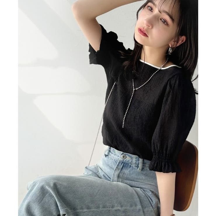 ブラック | 涼しげ＆透明感◎配色パイピング バルーンフリルスリーブ楊柳ブラウス | Classical Elf 