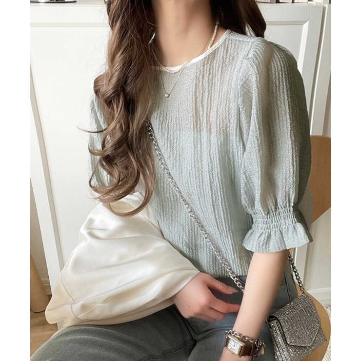 涼しげ＆透明感◎配色パイピング バルーンフリルスリーブ楊柳ブラウス | Classical Elf  | 詳細画像23 