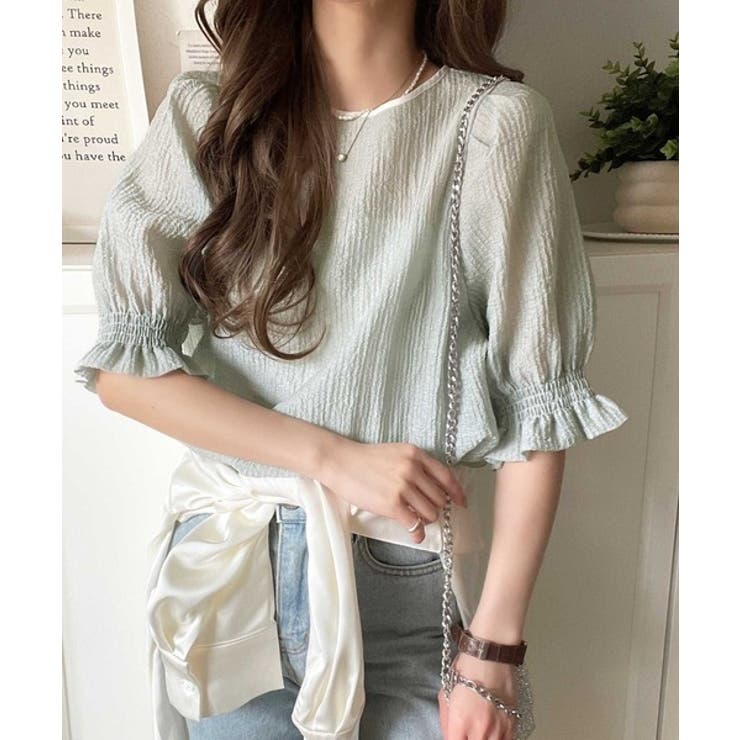 グリーン | 涼しげ＆透明感◎配色パイピング バルーンフリルスリーブ楊柳ブラウス | Classical Elf 