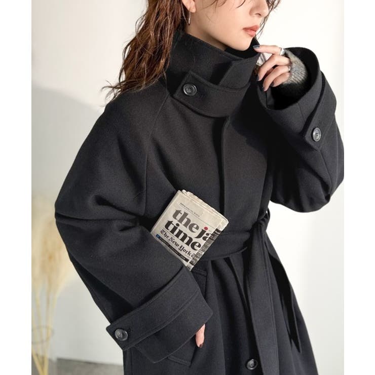 ブラック | 360度上品魅せ。衿2way比翼スタンドウール調ステンカラーコート（ロング丈） | Classical Elf 