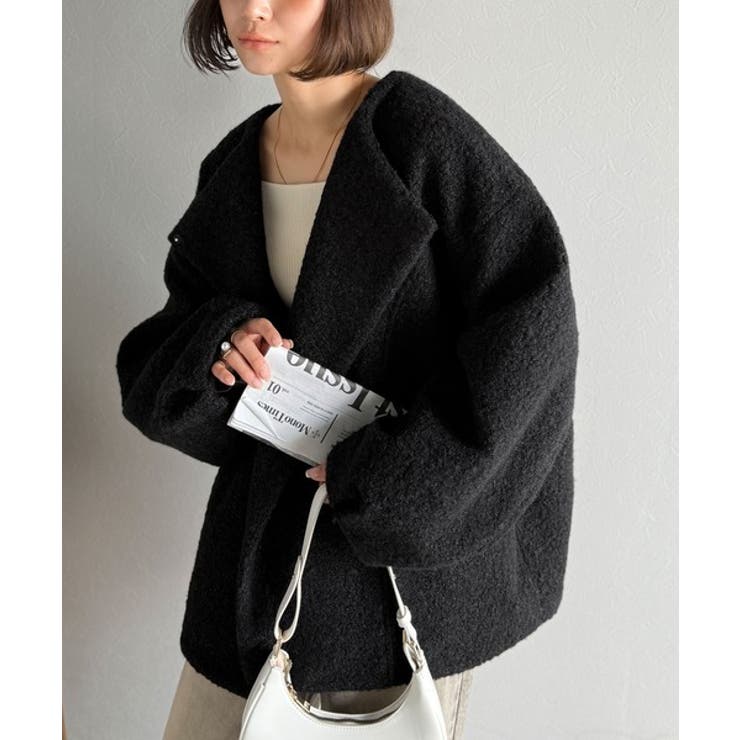 ブラック | たっぽりコクーンシルエットでちょこっとガーリー見せ。ノーカラーコクーンボアコート… | Classical Elf 