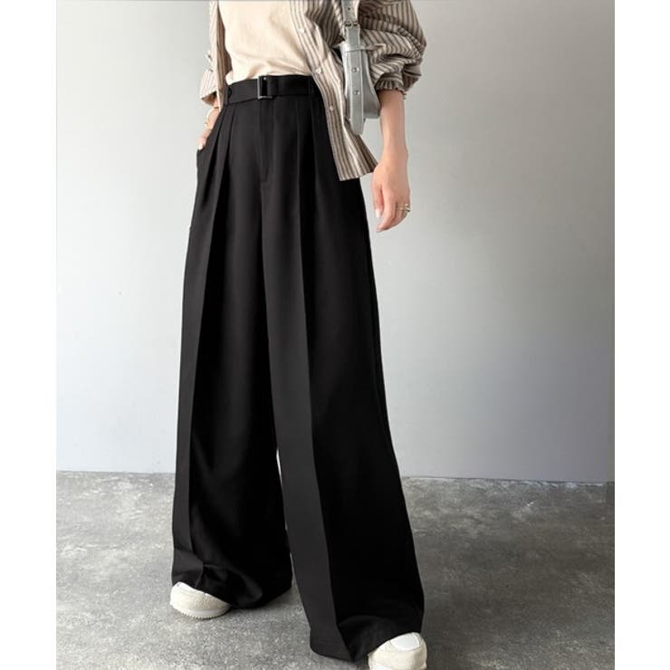 ブラック | 美脚も、こなれ感も！一本で叶う♪大人のワイドパンツ。ベルテッドワイドイージースラ… | Classical Elf 