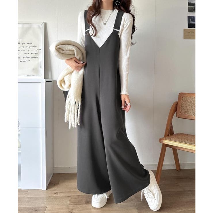 未使用】OURしなやか素材のラップ風サロペット our しなやか素材の