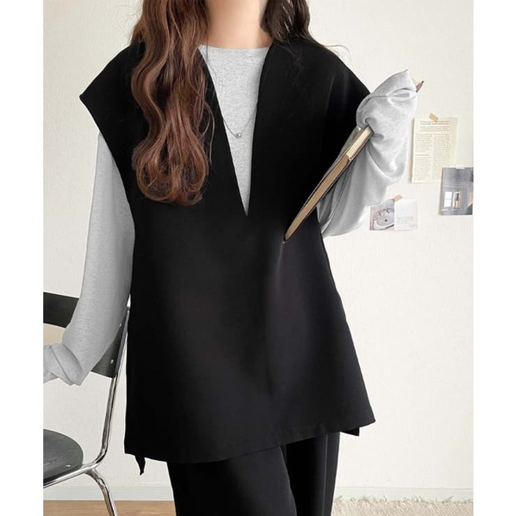 ブラック | 大人の抜け感スタイル◎ディープキーネックベスト(セットアップ可能) | Classical Elf 