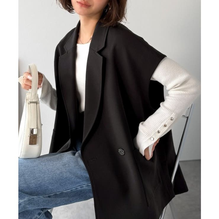 ブラック | 秋コーデの入り口にぴったりの一品。テーラードダブルジレベスト(セットアップ可能) | Classical Elf 