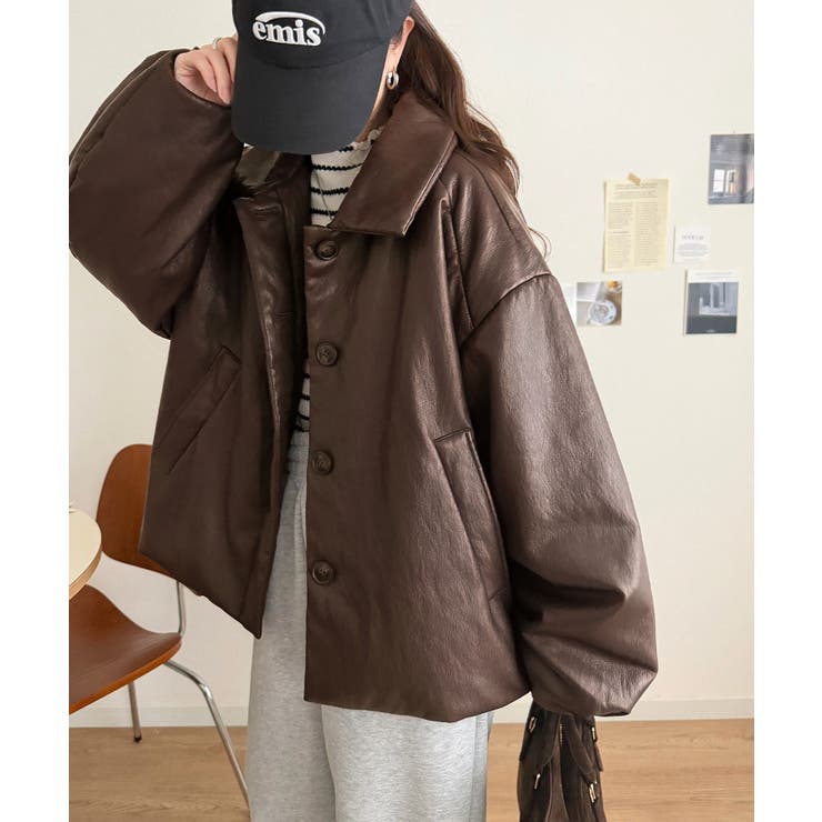 ブラウン | レザーって、こんなに可愛く着られる！大人可愛い丸みシルエット♪フェイクレザー中綿… | Classical Elf 