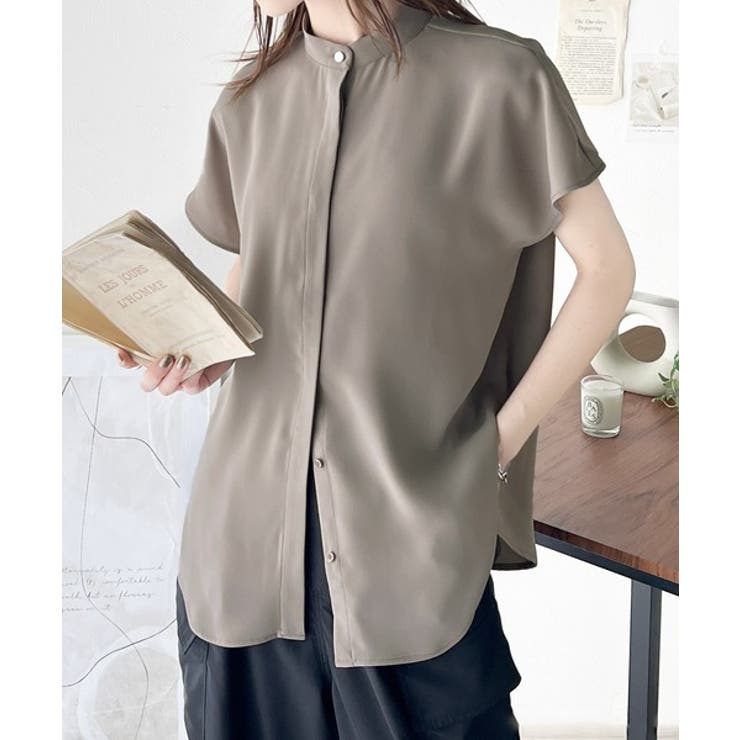 着まわし万能な大人トップス。比翼バンドカラーフレンチスリーブシャツ | Classical Elf  | 詳細画像13 