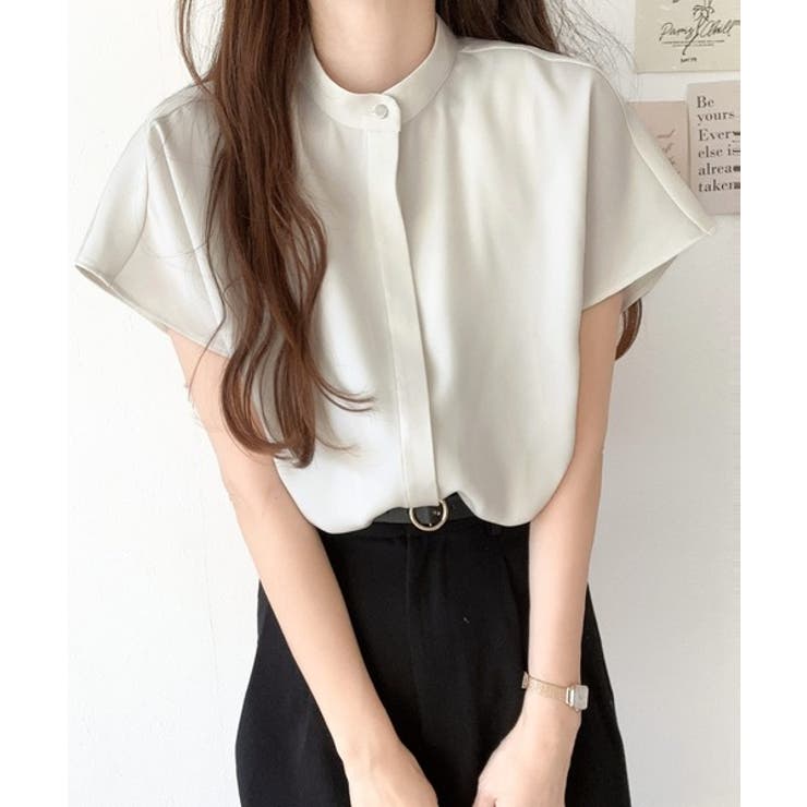 着まわし万能な大人トップス。比翼バンドカラーフレンチスリーブシャツ | Classical Elf  | 詳細画像3 