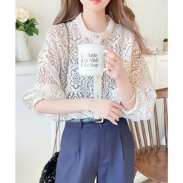 リヴドロワ　レースバンドカラーシャツ　エクリュ フロッキーレースバンドカラーシャツ／(F BROWN): トップス｜PMbox P&M