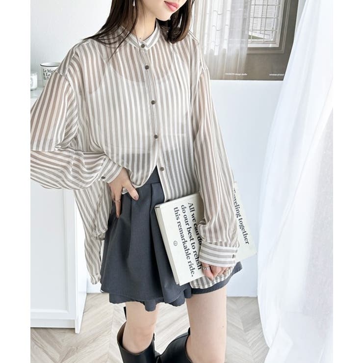 モカ | 【冷房・ 紫外線・日焼け対策】コーデに抜け感を演出。シアーストライプシャツ | Classical Elf 
