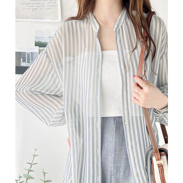 ブルー | 【冷房・ 紫外線・日焼け対策】コーデに抜け感を演出。シアーストライプシャツ | Classical Elf 