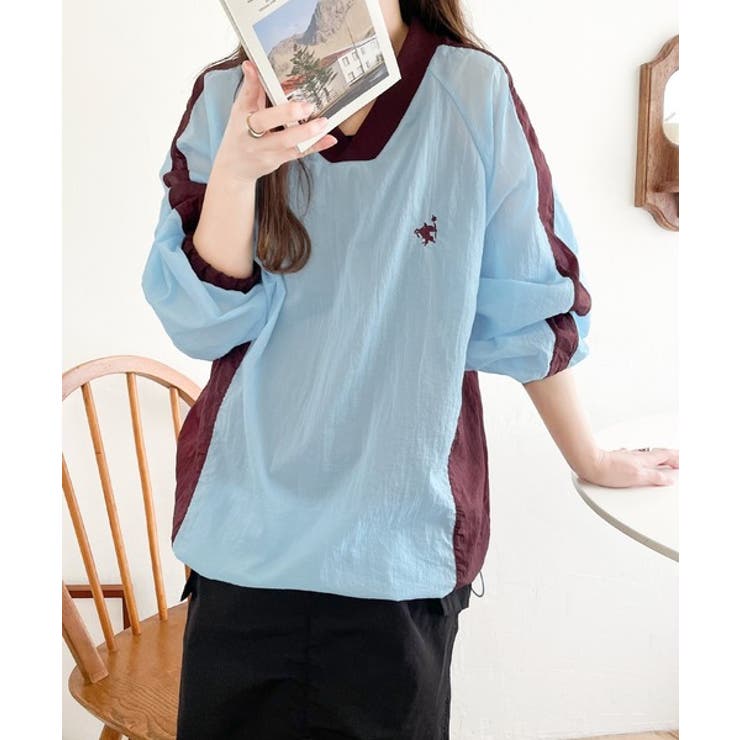 レトロ配色が今っぽ！胸刺繍配色シアー裾ドロストVネックプルオーバー | Classical Elf  | 詳細画像16 