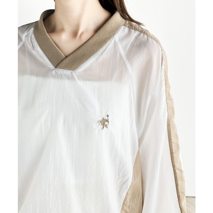 レトロ配色が今っぽ！胸刺繍配色シアー裾ドロストVネックプルオーバー | Classical Elf  | 詳細画像17 