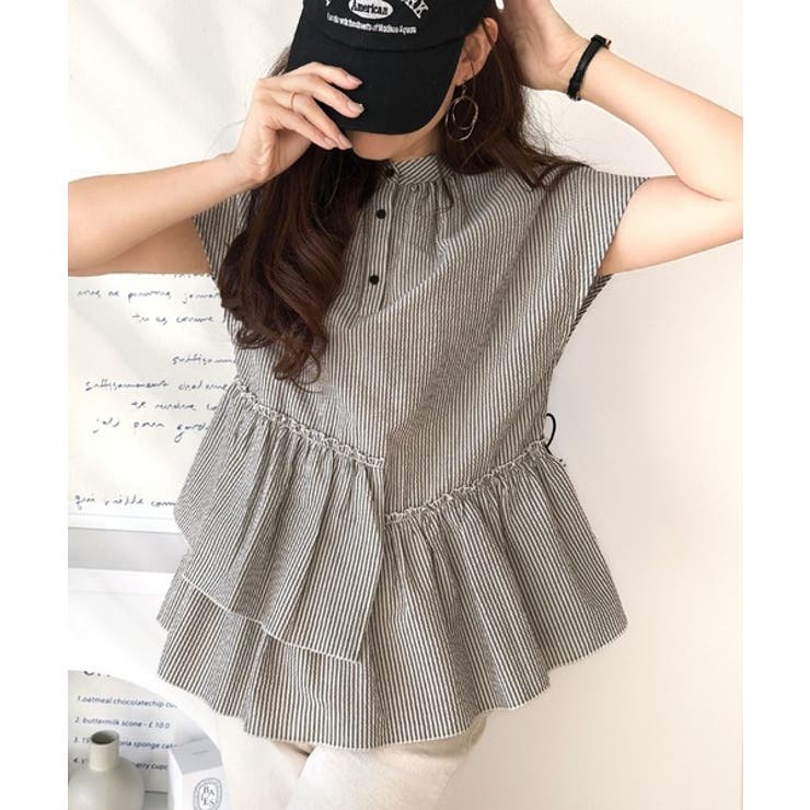 ブラックストライプ | 大人カジュアルに活躍。前後2wayサッカー素材アシンメトリーティアードフリルプル… | Classical Elf 