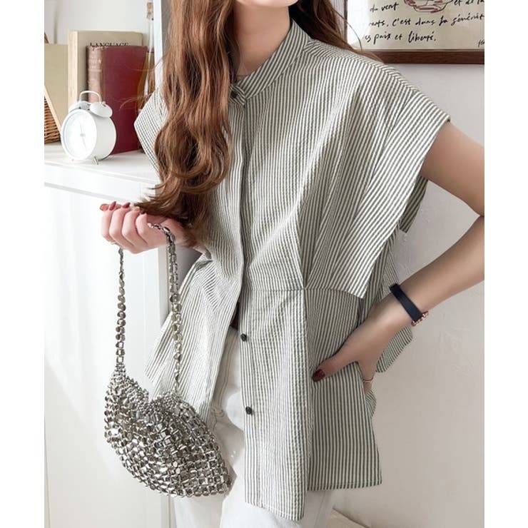 上品さとカジュアルのミックス。サッカー素材前後2wayバンドカラーウエストタック… | Classical Elf  | 詳細画像23 