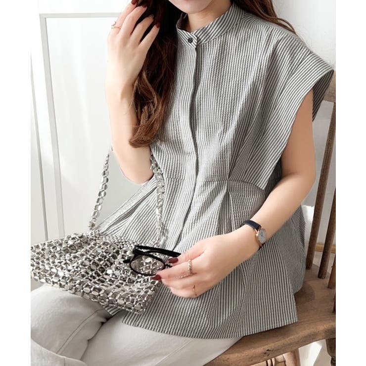 上品さとカジュアルのミックス。サッカー素材前後2wayバンドカラーウエストタック… | Classical Elf  | 詳細画像24 