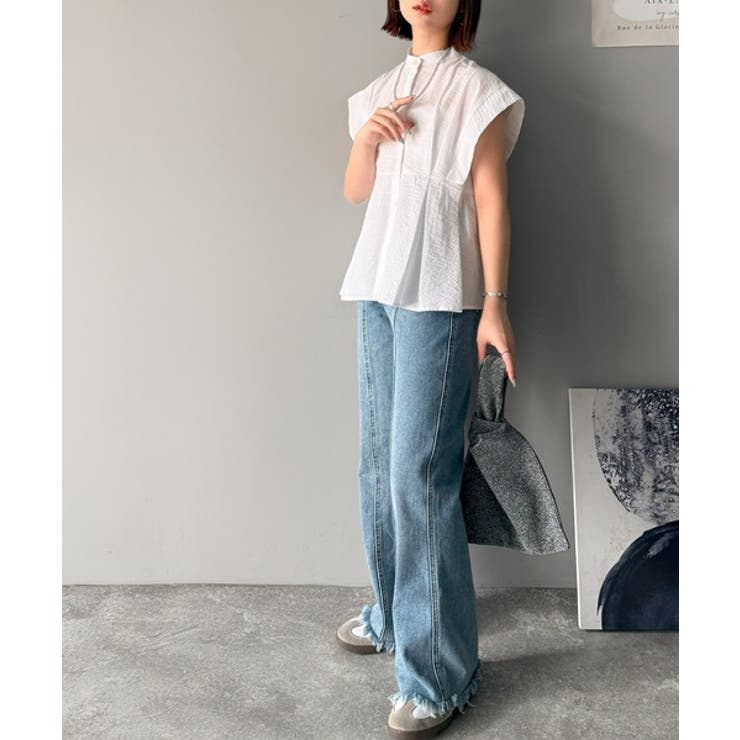 上品さとカジュアルのミックス。サッカー素材前後2wayバンドカラーウエストタック… | Classical Elf  | 詳細画像4 