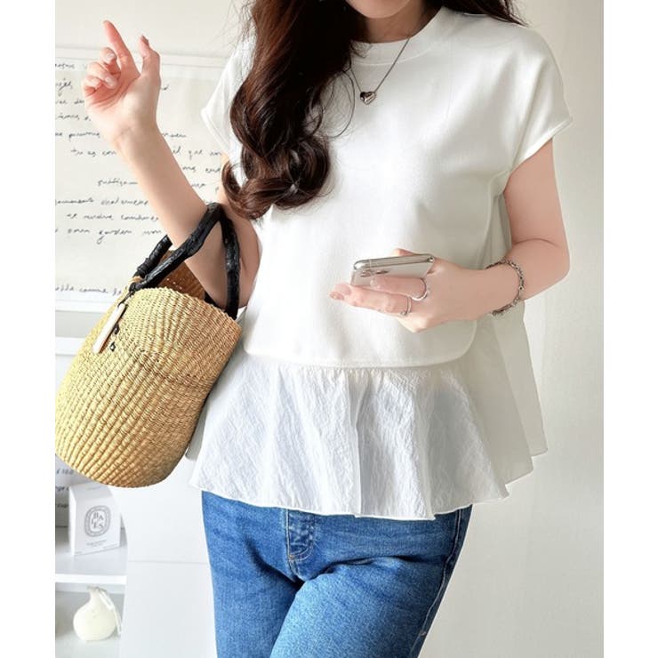 楽ちんなのに上品見え！裾フレア異素材切替フレンチスリーブブラウス | Classical Elf  | 詳細画像7 